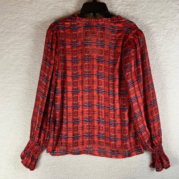 AQUA x Pendleton Womens Long Sleeve Smocked V-Neck Red Casual Blouse Size S 9740 - Picture 6 of 8